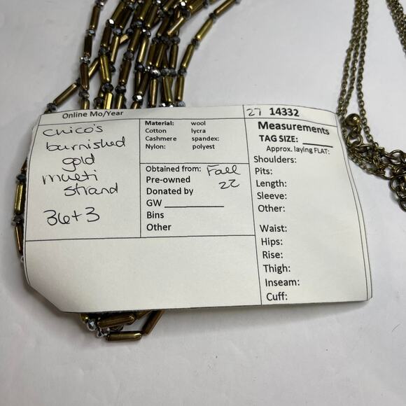 Chico's necklace signed costume jewelry burnished gold tone with gray multi stra - Picture 14 of 14